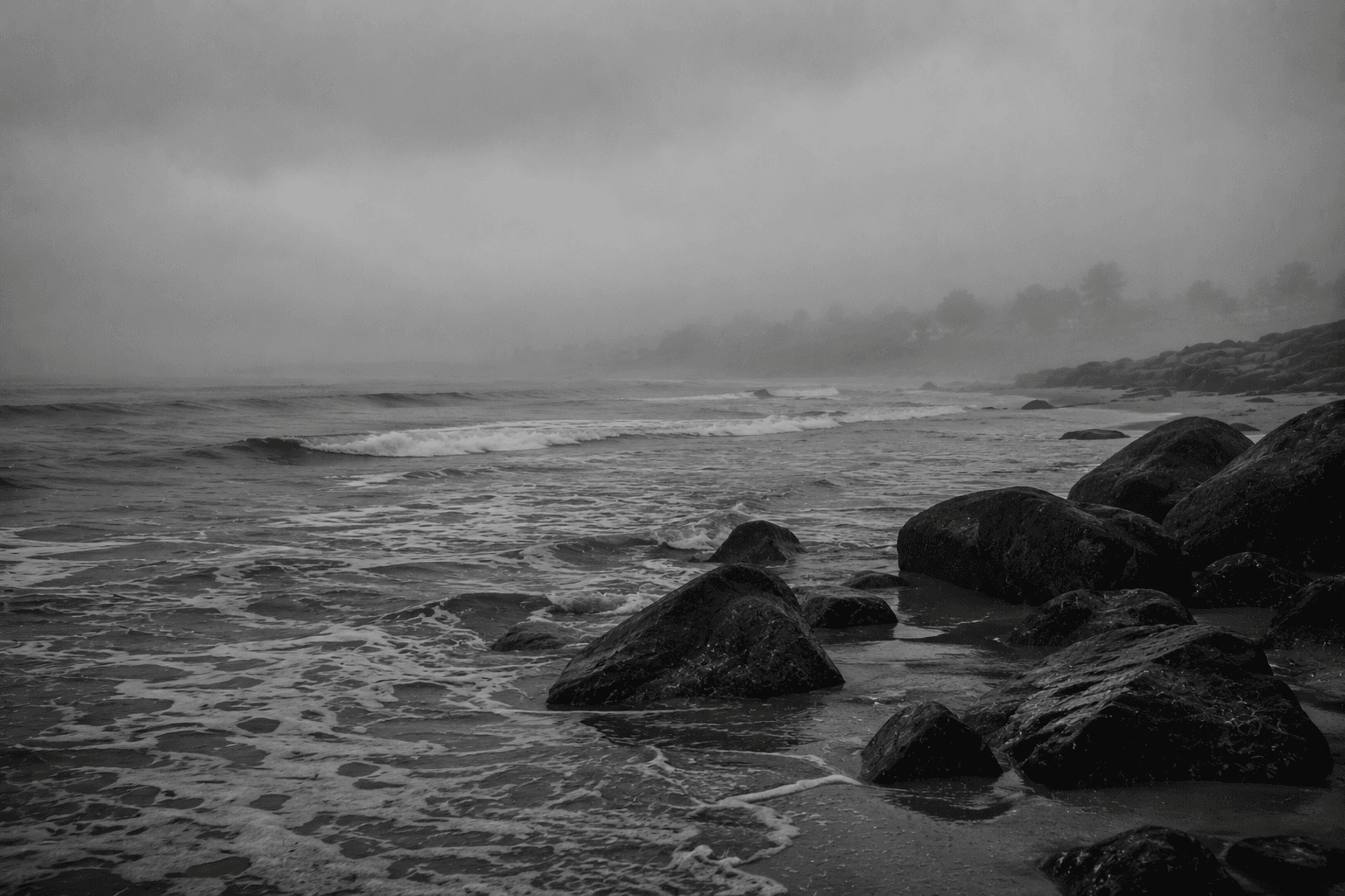 Rocky Maine shoreline in the fog